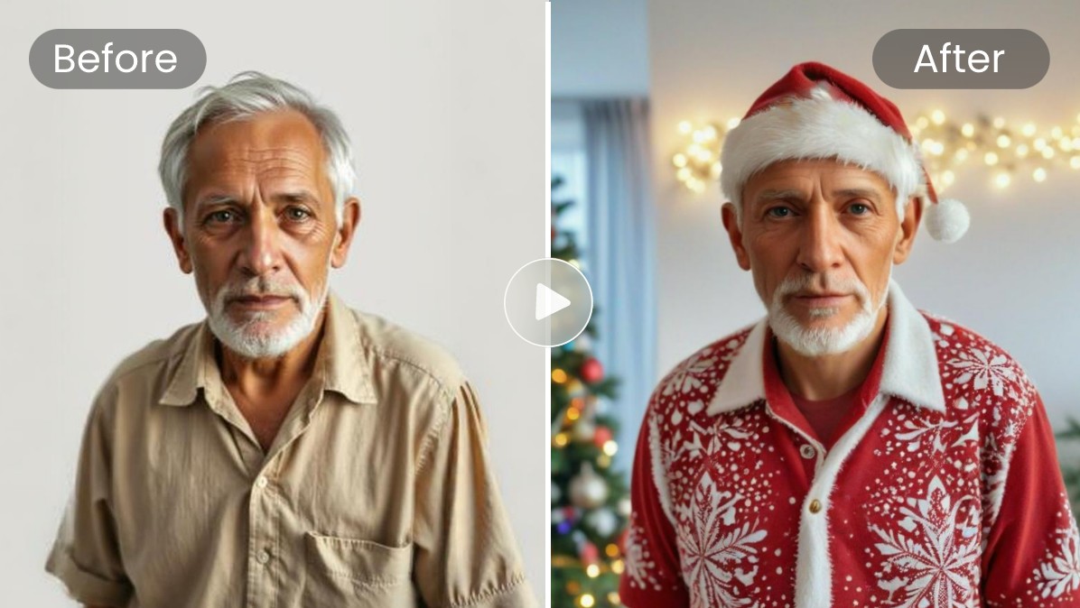 Santa Claus cosplay video before and after comparison