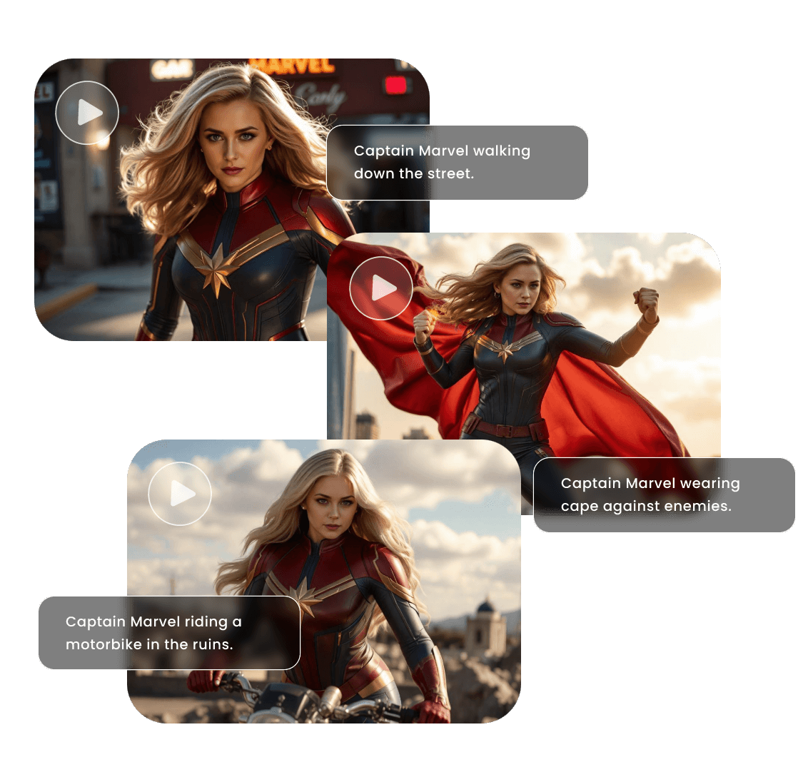 Custom prompts to generate Captain Marvel cosplay videos in different gestures
