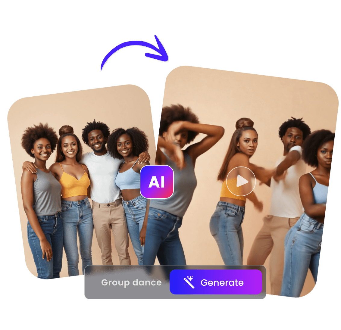Instantly make an AI group dancing video with Cliplfy AI group dance maker