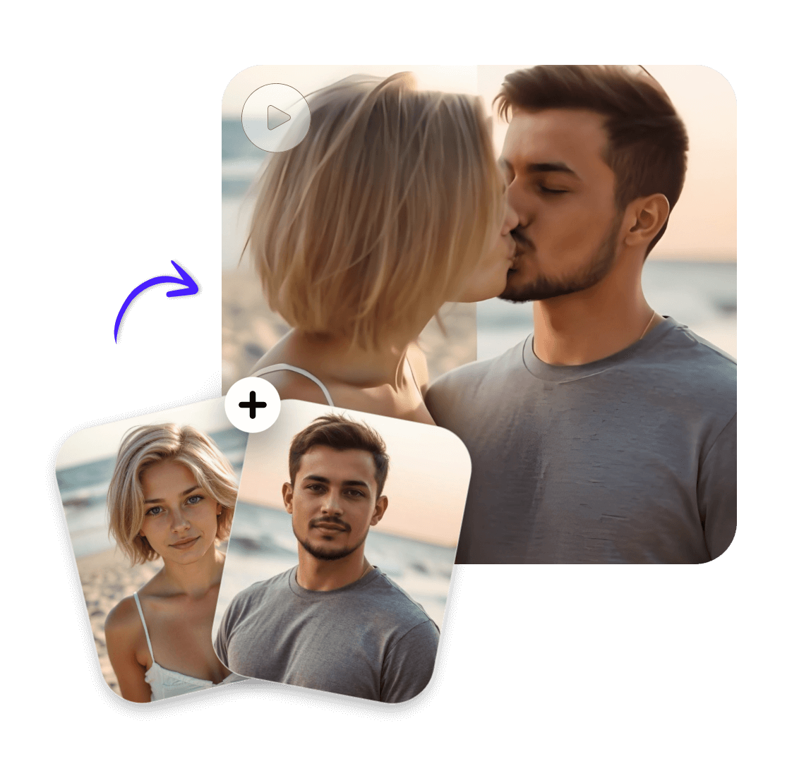Upload and merge two images like a woman and a man and enter prompt to make them kiss