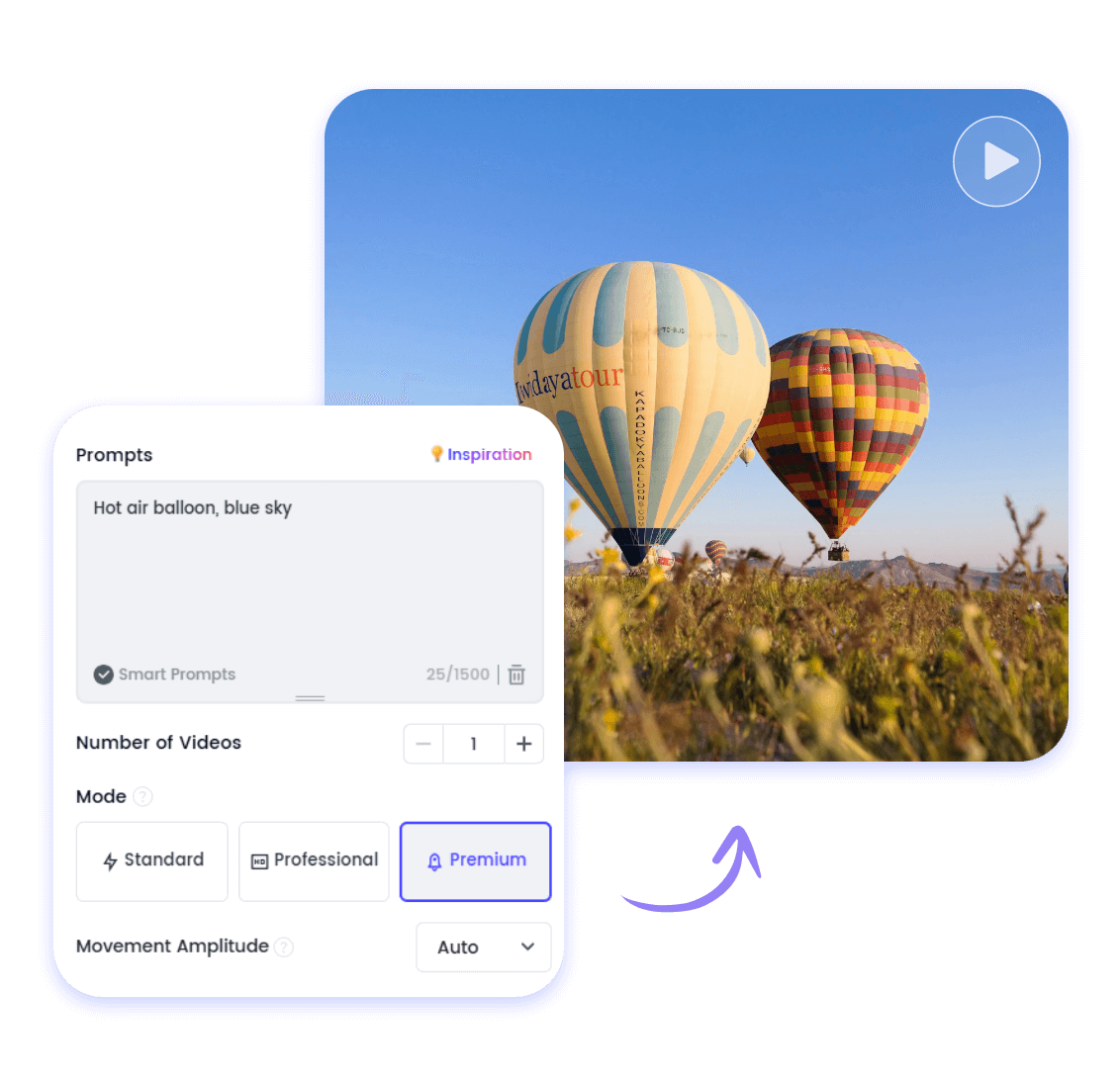Create videos from a hot air balloon image with prompts using clipfly ai video maker