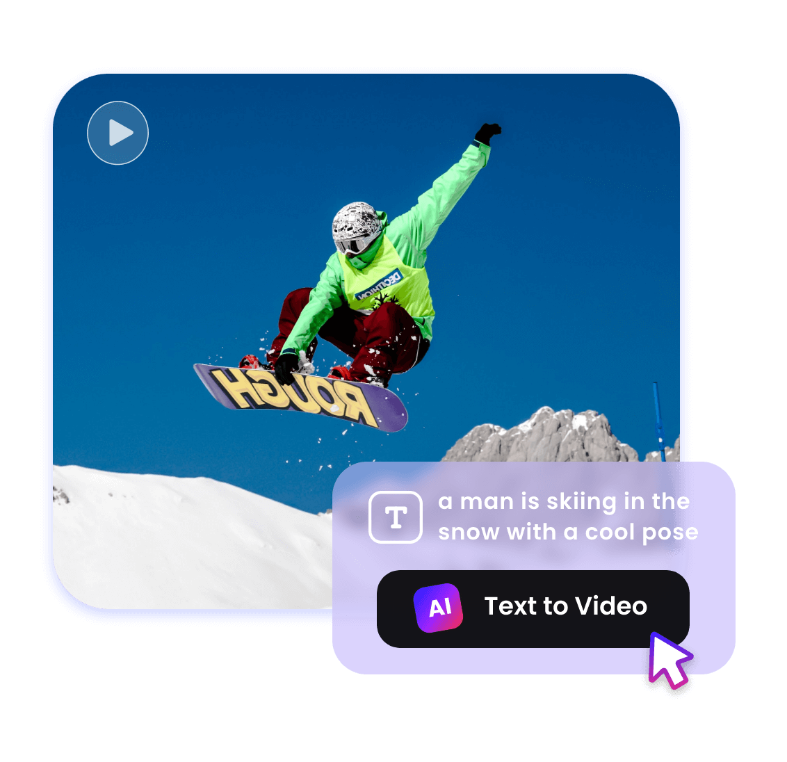 Generate ai videos from a skiing man in the snow with a cool pose text prompt directly with clipfly
