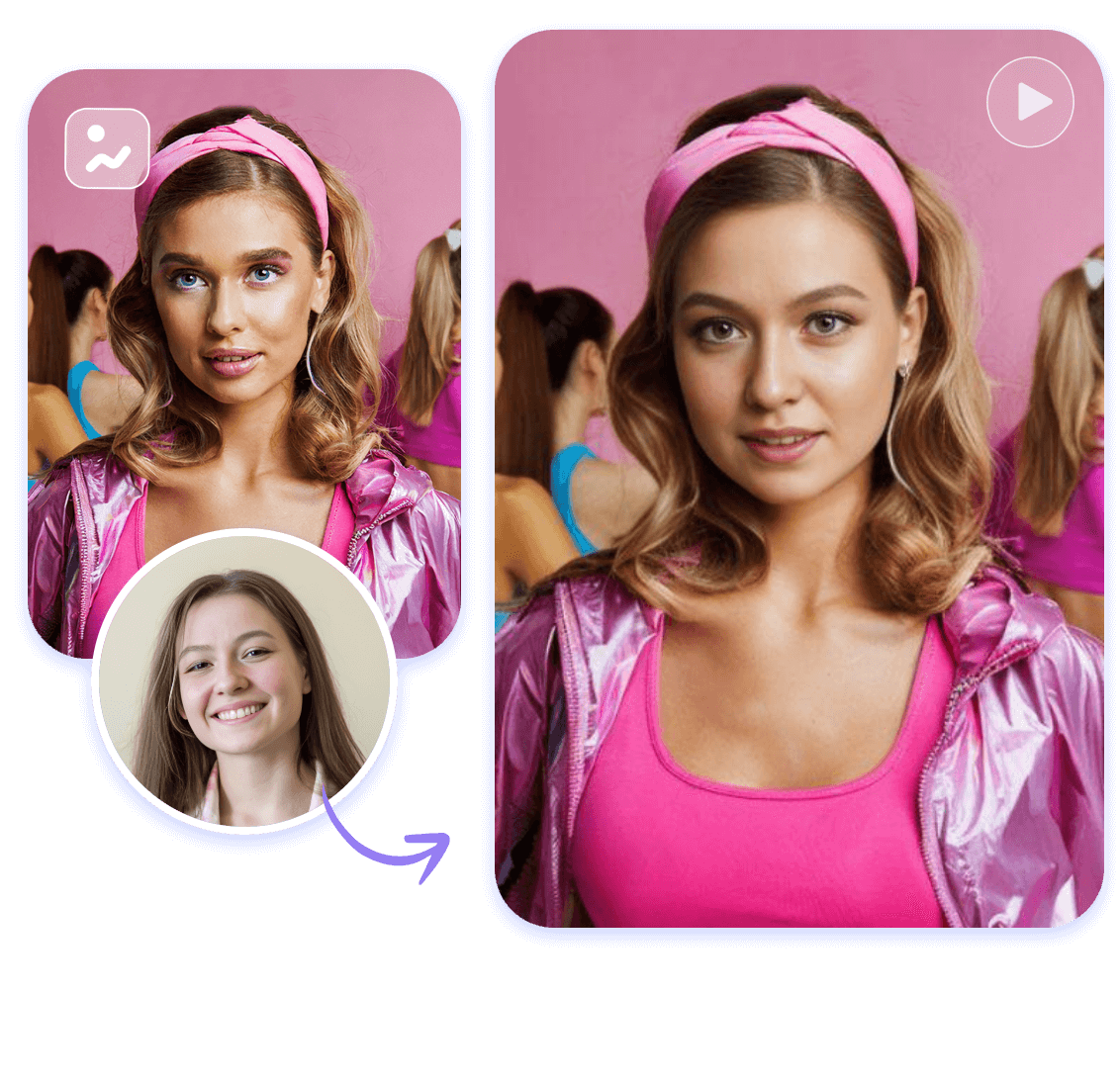 Swap faces in generated videos featuring a barbie girl in one click in clipfly ai video maker