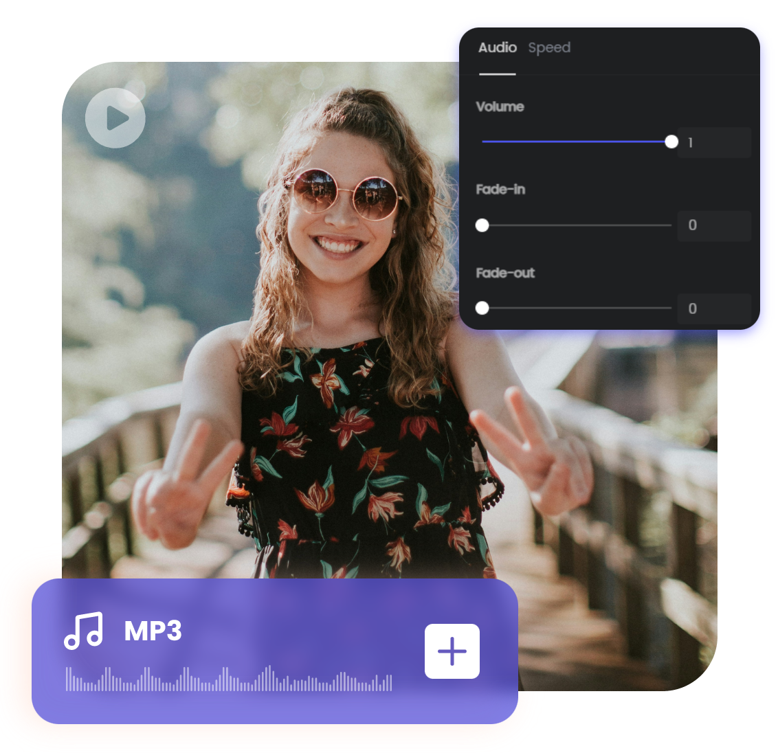 Add music or sound effects to a video converted from a lady wearing sunglasses and in a flowery dress