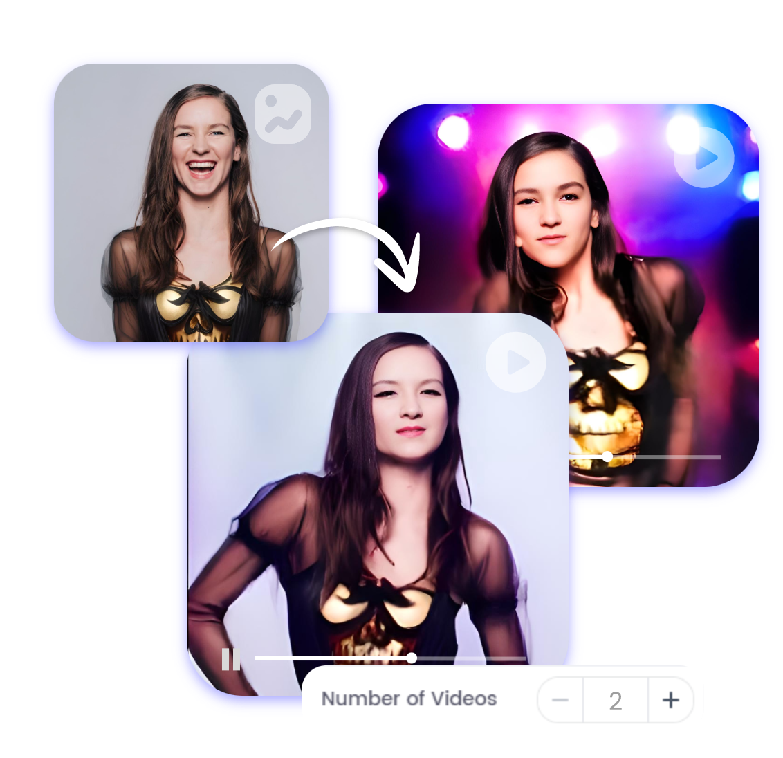 Use clipfly ai image to video to convert a picture of a lady in a black and gold dress to several dancing videos